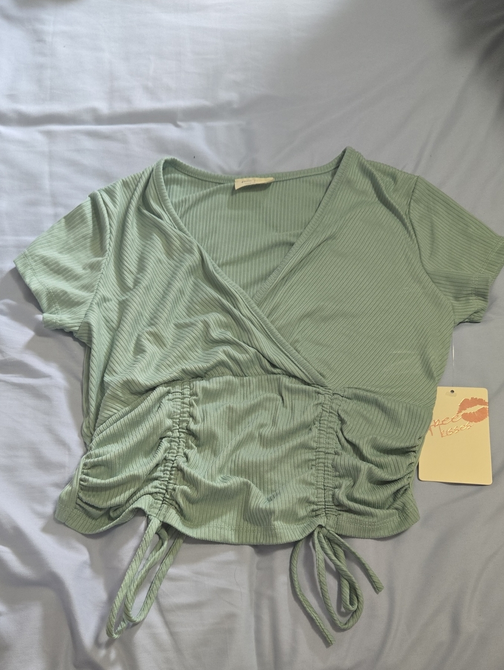 Free Kisses Sage Ribbed Wrap Drawstring Crop Top